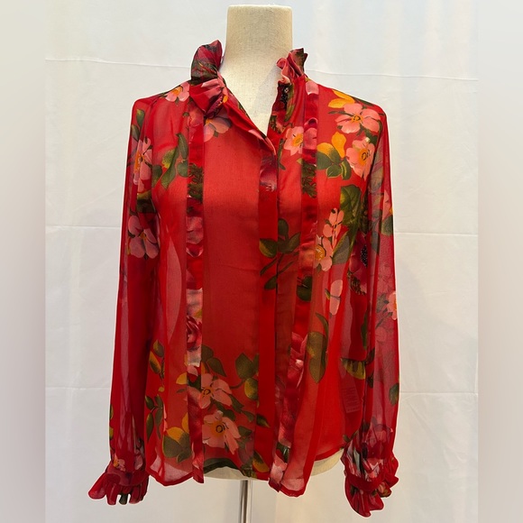 Sheer cherry red floral blouse with tie size 6 - Picture 3 of 6